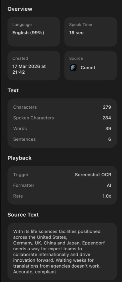 LoudScript history panel showing metadata and source text