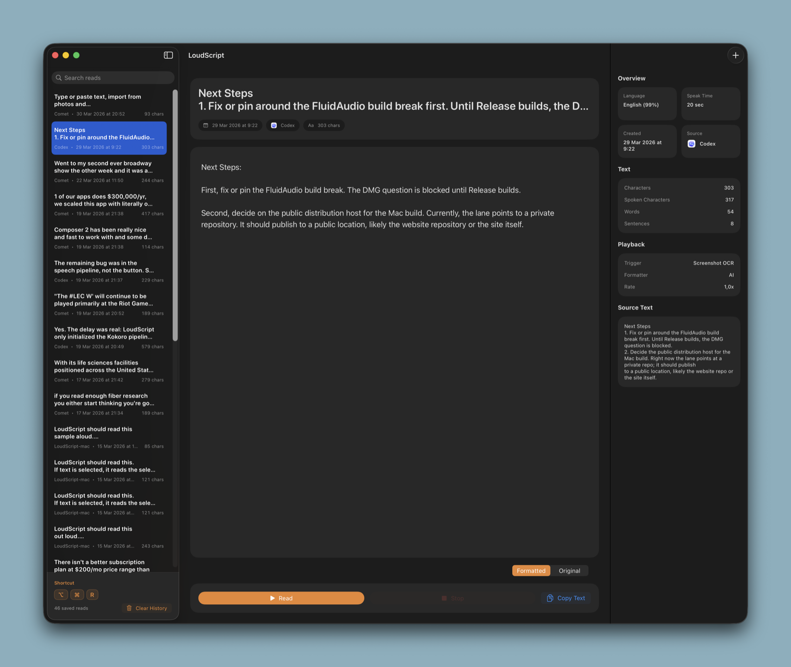 LoudScript Mac main window showing reading history and current text