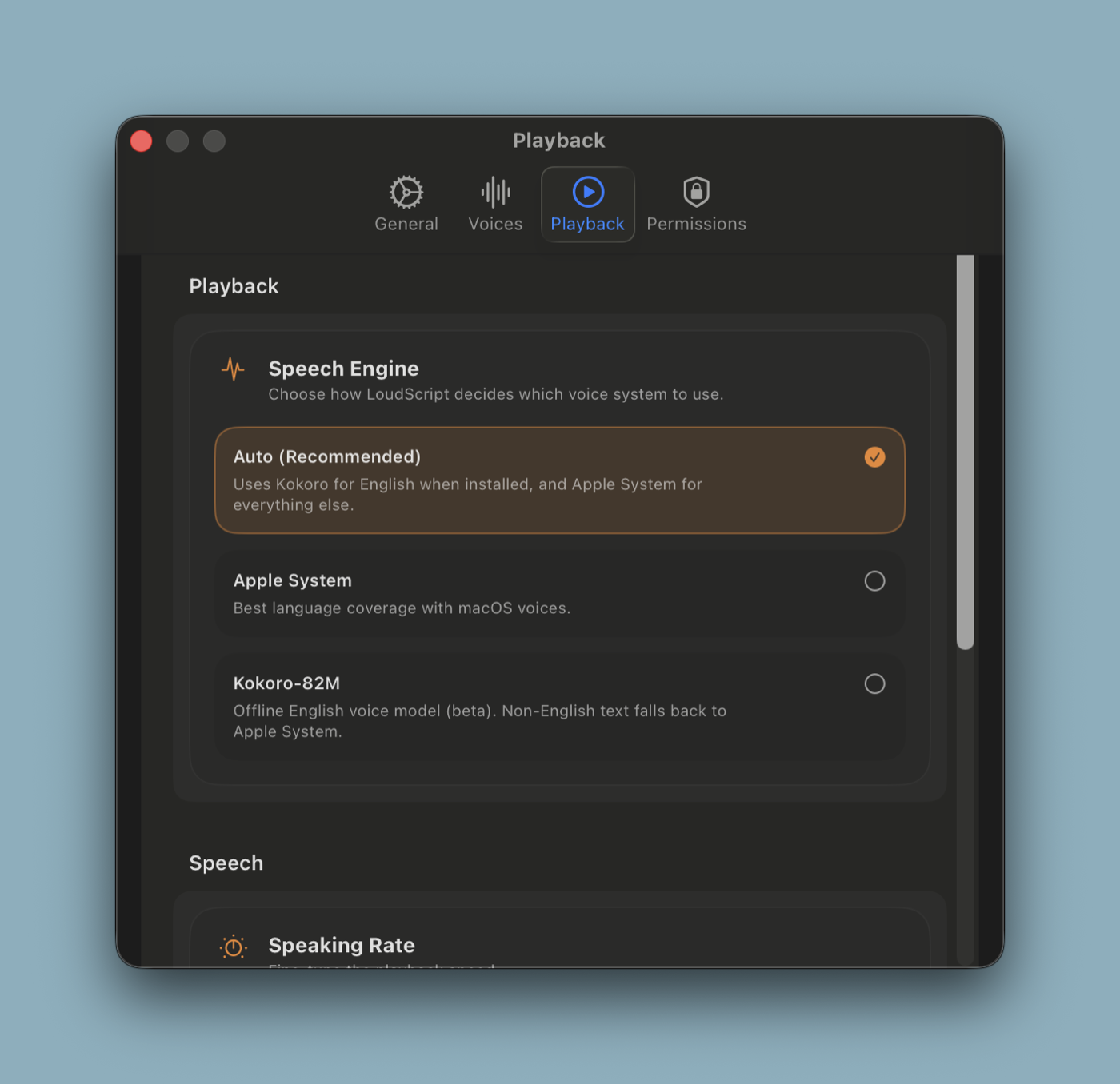 LoudScript playback settings with voice engine and rate options